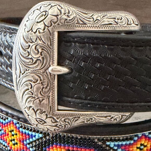 NWOT Nocona Tribal Beaded Black Tooled Leather Removable Buckle Belt Size 38 main image 5
